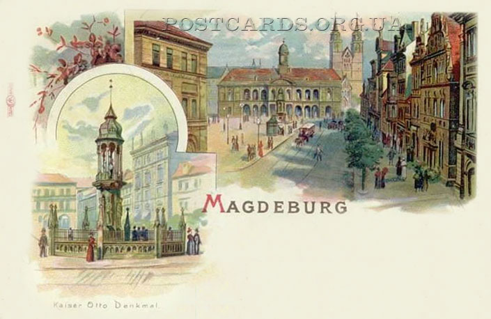 Старая открытка Магдебурга с видом Kaiser Otto Denkmal 1899 года