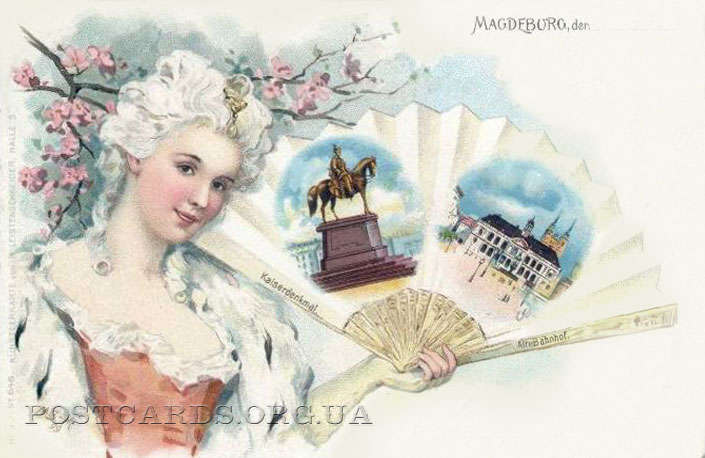 Мультивидовая открытка Магдебурга стилизированная под дамский веер 1902 года