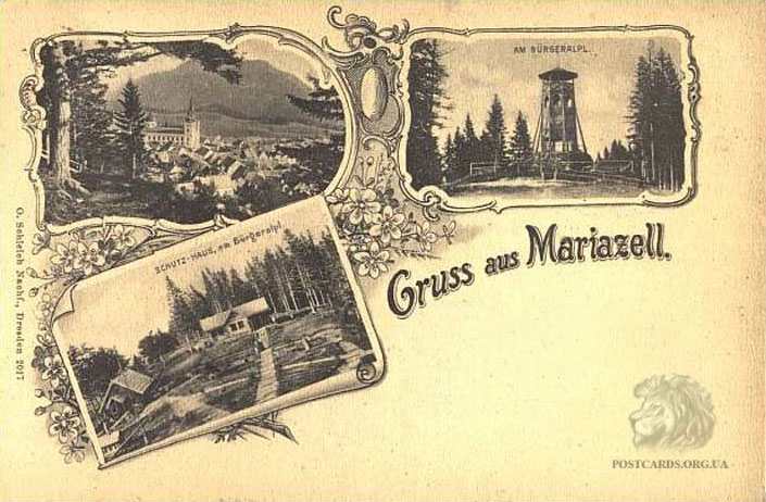 Литография начала века — Gruss aus Mariazell — одноцветная открытка 1902 года