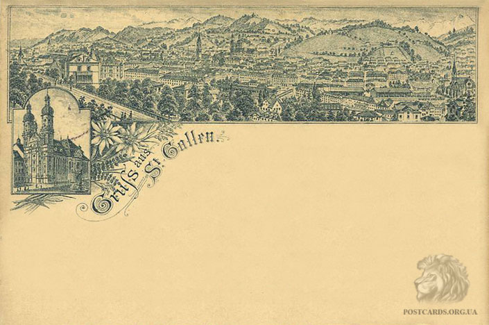 Gruss aus St. Gallen — одноцветная открытка 1897 года с видом города Санкт-Галлен