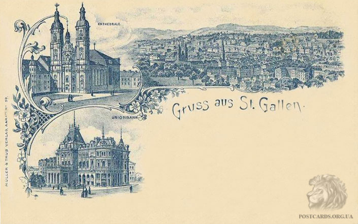 Gruss aus St. Gallen — одноцветная мультивидовая открытка 1898 года с видами города St. Gallen — Kathedrale, Unionbank
