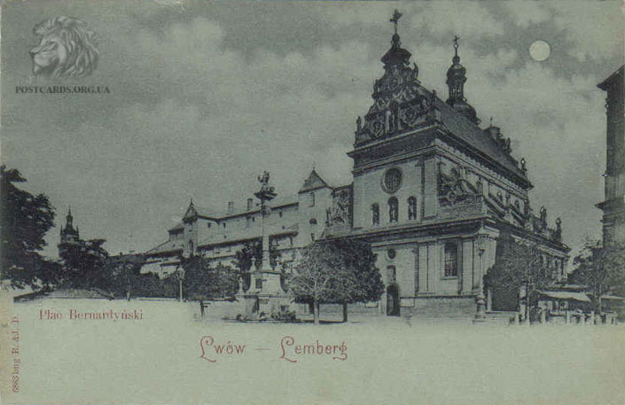 Старое фото костела св. Андрея Бернардинцев во Львове. Вид с площади Cоборной